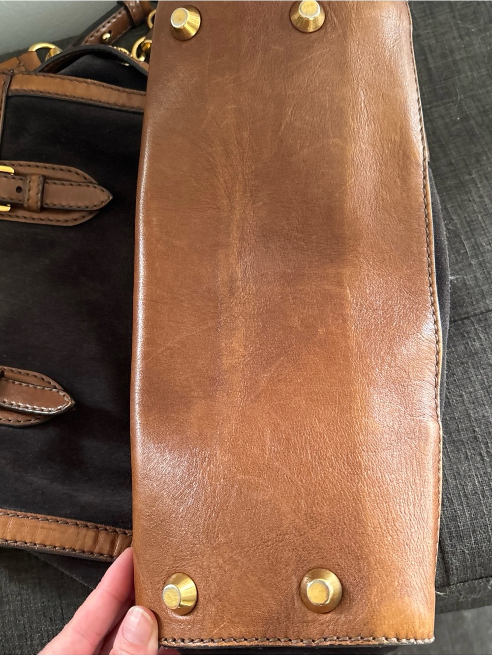 Miu Miu Dark Brown Suede and Chestnut Leather Tote with Gold Hardware - Picture 7 of 8